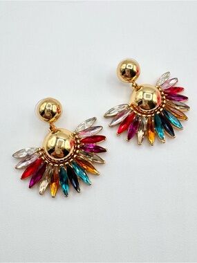 Trina Turk Rainbow Navette Rhinestone Fan Earrings Gold Tone Modern